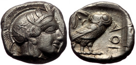 Attica, Athens AR Tetradrachm (Silver, 17.17g, 23mm) ca 353-294 BC
Obv: Helmeted head of Athena right, with profile eye.
Rev: AΘE, Owl standing right,...