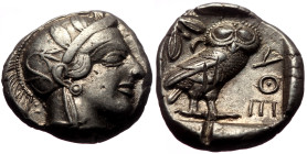 Attica, Athens AR Tetradrachm (Silver, 17.16g, 24mm) ca 353-294 BC
Obv: Helmeted head of Athena right, with profile eye.
Rev: AΘE, Owl standing right,...