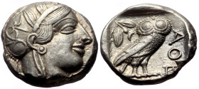 Attica, Athens AR Tetradrachm (Silver, 17.18g, 23mm) ca 353-294 BC
Obv: Helmeted head of Athena right, with profile eye.
Rev: AΘE, Owl standing right,...