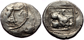 Cyprus, Kition, Azbaal (449-425 BC) AR Stater (Silver, 11.14g, 27mm) overstruck on Paphos AR Stater with bull (?)
Obv: Naked Herakles, with lion-skin...