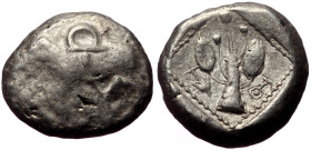 Cyprus, Uncertain AR Stater (Silver, 20mm, 10.77g) 
Obv: Bull standing left; winged solar disk above, [ankh to right, palmette ornament in exergu] 
Re...