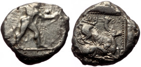 Cyprus, Kition, Azbaal (449-425 BC) AR Stater (Silver, 10.91g, 22mm) 
Obv: Naked Herakles, with lion-skin draped on back, holding club overhead and bo...