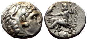 Kings of Macedon, Alexander III 'the Great' AR Drachm (Silver, 4.10g, 17mm) Kolophon, 310-301 BC, Struck under Antigonos I Monophthalmos.
Obv: Head of...