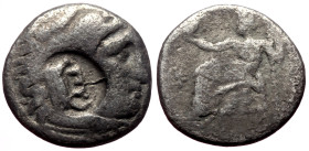 Kings of Macedon, Alexander III "The Great" AR Drachm (Silver, 4.01g, 17mm) 310-301 BC. Kolophon, Countermarked circa 235-220 BC
Obv: Head of Herakle...