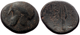 Kings of Macedon, Kassander (305-298 BC) AE (Bronze, 3.90g, 18mm) Uncertain mint in Caria.
Obv: Helmet with nose and cheek guards right.
Rev: ΒΑΣΙΛΕΩΣ...