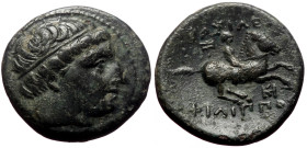 Kings of Macedon, Philip III Arrhidaeus (323-317 BC) AE (Bronze, 5.00g, 19mm) Miletos. 
Obv: Head of Apollo right, wearing taenia 
Rev: BAΣIΛEΩΣ / ΦIΛ...