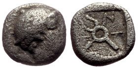 Thrace, Ainos AR Diobol (Silver, 1.08g, 10mm) ca 469-463 BC. 
Obv: Head of Hermes right, wearing petasos 
Rev: Kerykeion, AINI around; all within incu...