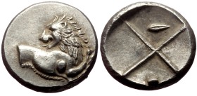 Thrace, Chersonesos AR Hemidrachm (Silver, 2.55g, 13mm) ca 386-338 BC.
Obv: Forepart of lion right, head left
Rev: Quadripartite incuse square with ...