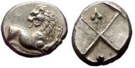 Thrace, Chersonesos AR Hemidrachm (Silver, 13 mm, 2.59g) ca 386-338 BC.
Obv: Forepart of a lion to right, his head turned back to left.
Rev: Quadrip...