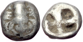 Ionia, Ephesos AR hemiobol (Silver, 0.34g, 7mm) around 400 BC.
Obverse: E-Φ Bee.
Reverse: Eagle's head on the right. Ref.: BMC 24 var; SNG von Auloc...