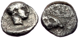 *Very rare denomination*
Troas, Kebren AR Tetartemorion (Silver, 0.12g, 5mm) ca 400 BC.
Obv: Laureate Head of Apollo right
Rev: Head of ram right
...