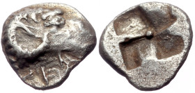 Troas, Kebren AR Obol (Silver, 0.83g, 9mm) 5th century BC.
Obv: KEBREN, Head of ram right.
Rev:Quadripartite incuse square.
Ref:SNG Ashmolean 1081.