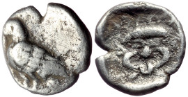 Troas, Abydos AR Obol (Silver, 0.68g, 10mm) 480-450 BC. 
Obv: Standing eagle 
Rev: Facing head of gorgon in incuse square. 
Ref: BMC.7.