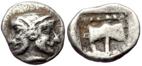 Troas, Tenedos AR Obol (Silver, 0.55g, 9mm) ca 5th Century BC.
Obv: Janiform head, female on left, male on right
Rev: Labrys (double axe) within incus...