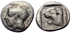 Troas, Assos AR Triobol or Hemidrachm (Silver, 1.39g, 11mm) ca 405-360 BC
Obv: Helmeted head of Athena left 
Rev: AΣΣION (partially retrograde), head ...