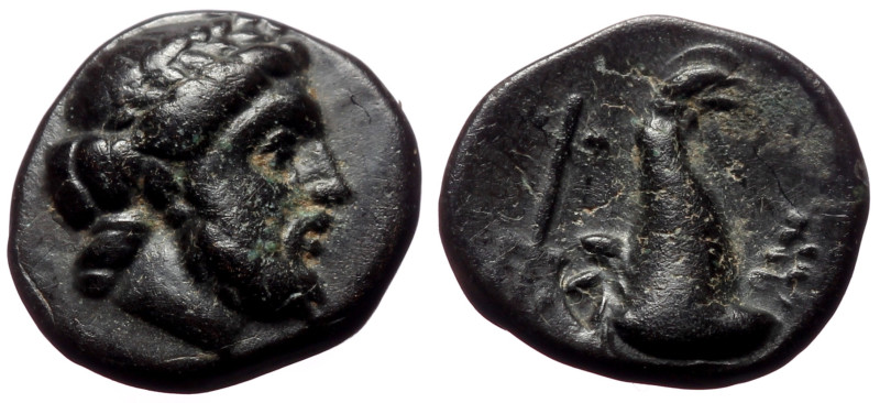 Caria, Nysiros AE (Bronze, 1.39g, 11mm) Mid 4th-late 3rd century BC.
Obv: Laurea...