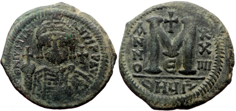 Justinian I (527-565) AE Follis (Bronze, 18.71g, 36mm)Theoupolis (Antioch)
Obv: ...