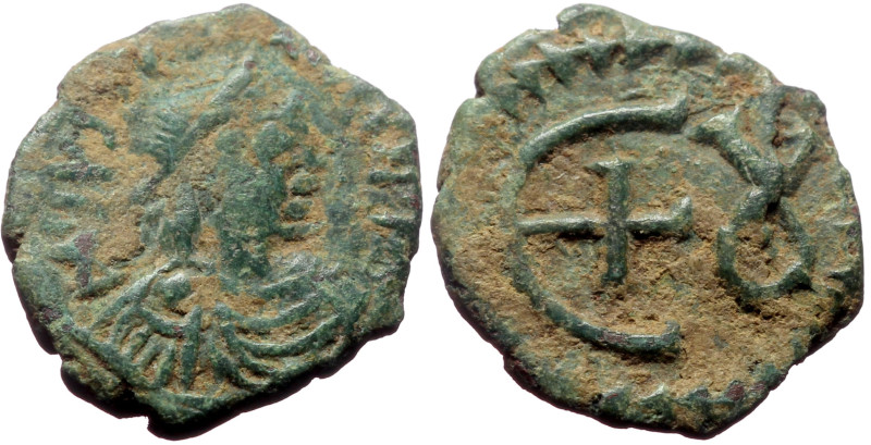 Justinian I (527-565) AE Pentanummium (Bronze, 1.71g, 16mm) Theoupolis 
Obv: D N...