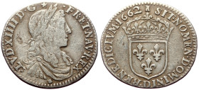 France, Louis XIV (1643-1715) 1/12 AR Écu (Silver, 2.17g, 21mm) 1662
Obv: LVD XIIII D G FR ET NAV REX, Laureate, draped and armored bust right.
Rev: S...