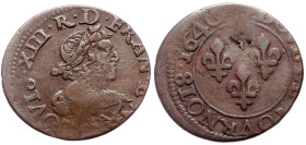 France, Louis XIII (1610-1643) Double Tournois (Copper, 2.18g, 19mm) 1640E, Tours. Type 19.
Obv: LOVIS XIII R D FRAN E NA E, Buste de Louis XIII à dro...