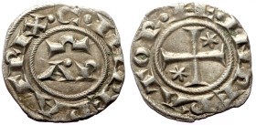 Sicily, Henry VI and Constance (1194-1196) AR/BI Denaro (Silver, 0.65g, 17mm) Brindisi. 
Obv: + HE INPERATOR, Cross potent, two stars in field 
Rev: +...