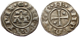 Sicily, Henry VI and Constance (1194-1196) AR/BI Denaro (Silver, 0.83g, 17mm) Brindisi. 
Obv: + HE INPERATOR, Cross potent, two stars in field 
Rev: +...