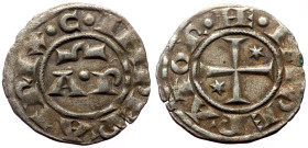 Sicily, Henry VI and Constance (1194-1196) AR/BI Denaro (Silver, 0.81g, 17mm) Brindisi. 
Obv: + HE INPERATOR, Cross potent, two stars in field 
Rev: +...