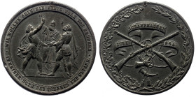 Switzerland, "Schützentaler". Tin medal (1865) (44.67g, 52mm) Pierced. Schaffhausen.
Obv: WIR WOLLEN SEIN EIN EINIG VOLK VON BRÜDERN / IN KEINER NOTH ...