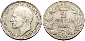 Yugoslavia, Alexander I (1921-1934) 2 Dinara (Copper-Nickel, 9.95g, 27mm), 1925
Obv: Alexander I.
Rev: Denomination and date within crowned wreath.
Re...