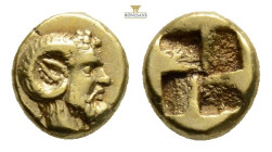MYSIA. Kyzikos. EL 1/24 Stater (Circa 500-450 BC). 0,68 g. 7 mm.
Obv: Head of Zeus right, wearing horn of Ammon; below, tunny right.
Rev: Quadripart...