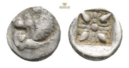 Greek IONIA, Miletos (Circa Late 6th-early 5th century BC) AR Diobol (9.1 mm, 1 g)
Obv: Forepart of lion right, head reverted.
Rev: Stellate pattern...