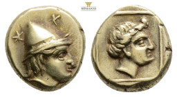 Greek, LESBOS, Mytilene (Circa 377-326 BC) EL Hekte (5.8mm, 2.56g)
Obv: Head of Kabeiros right, wearing wreathed cap; two stars flanking.
Rev: Head ...