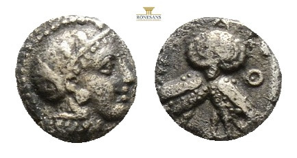 Attica, Athens AR Diobol. Circa 353-294 BC. 1.28g, 10 mm, Head of Athena to righ...