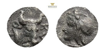 Mysia, Kyzikos AR Hemiobol. c. 410-400. Head of Attis l., wearing Phrygian cap; ...