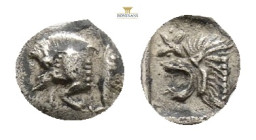 MYSIA. Kyzikos. Hemiobol (Circa 450-400 BC). 0,35 g. 8,7 mm.
Obv: Forepart of boar left; to right, tunny upward.
Rev: Head of roaring lion left; sta...