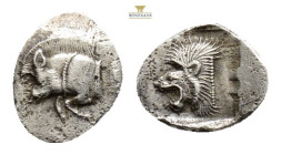 Greek MYSIA, Kyzikos (Circa 450-400 BC) AR obol (12,4 mm, 0,83 g)
Obv: Forepart of boar left; to right, tunny upward.
Rev: Head of roaring lion left...