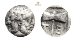 ISLANDS OFF TROAS, Tenedos. Circa 450-387 BC.Obol (Silver, 7,9 mm, 0.52 g,) Obv.Janiform head of Hera on the left and Zeus on the right. Rev. Τ-Ε Doub...