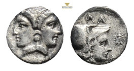 MYSIA. Lampsakos. 4th-3rd century BC.Diobol (Silver, 11 mm, 1.21 g.) Janiform female head. Rev. Head of Athena to right, wearing Corinthian helmet.
