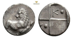 Thrace, Chersonesos AR Hemidrachm Silver ca 386-338 BC
Obv: Forepart of lion right, head reverted.
Rev: Quadripartite incuse square with alternating...