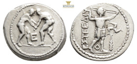 PAMPHYLIA. Aspendos. Circa 330/25-300/250 BC. Stater (Silver, 25,4 mm, 10.4 g, ) Two nude wrestlers, standing and grappling with each other; between t...