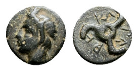 DYNASTS OF LYCIA. Perikles, circa 380-360 BC. Chalkous (Bronze, 11.8 mm, 1.5 g.). Horned head of Pan to left. Rev. P..-PE-KΛ Lycian triskeles to left....