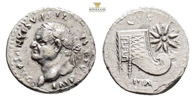 Vespasian AR Denarius. Rome, AD 77-8. IMP CAESAR VESPASIANVS AVG, laureate head ...