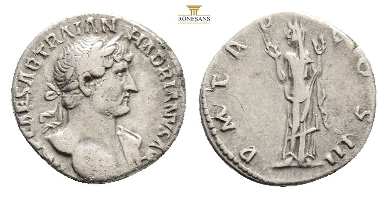 Hadrian, 117 - 138 AD, Silver Denarius, Rome Mint, 17.9 mm, 3.3 g.
Obverse: IMP...