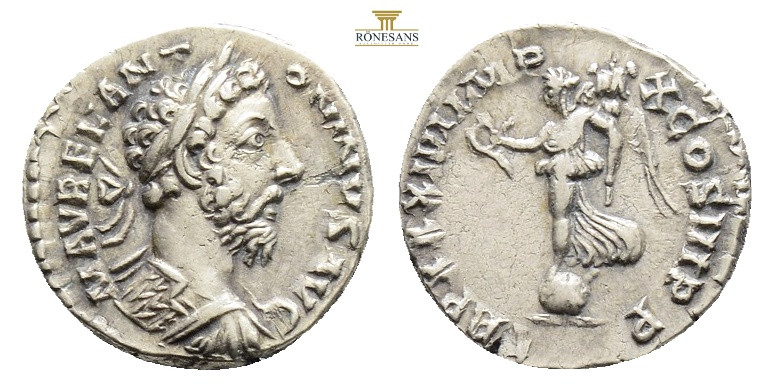 Marcus Aurelius AR Denarius. Rome, AD 179-180. M AVREL ANTONINVS AVG, laureate h...