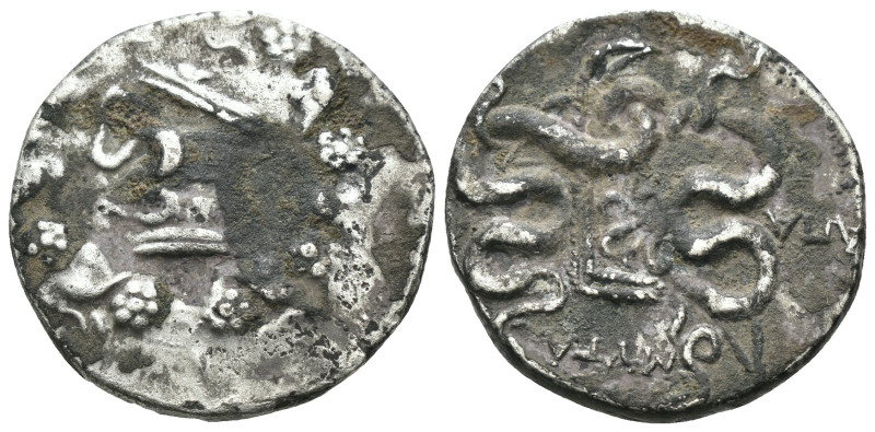 Mysia. Pergamon. (166-67 BC) Obv: cista mystica in wreath. Rev: two serpents ent...