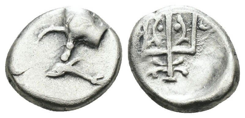 Thrace. Byzantion. (387-340 BC) AR Hemidrachm. Obv: Forepart of bull left over d...