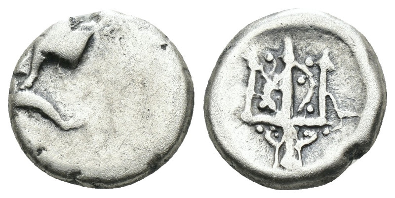 Thrace. Byzantion. (387-340 BC) AR Hemidrachm. Obv: Forepart of bull left over d...