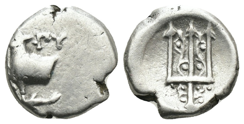 Thrace. Byzantion. (387-340 BC) AR Hemidrachm. Obv: Forepart of bull left over d...