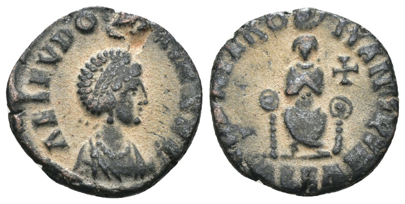 Aelia Eudoxia. (395-401 AD). Follis. Alexandria. Obv: AEL EVDOXIA AVG. Pearl-dia...