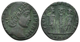 Constans. (346-349 AD). Æ Follis. Constantinople. Obv: CONSTANTIVS AVG. pearl-diademed bust of Constans right. Rev: GLORIA EXERCITVS. two soldiers hol...